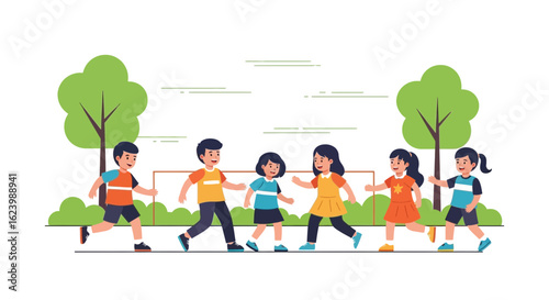 Group Of Children Playing Together Outdoors Joyful Childhood Illustration