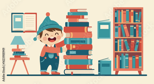 Joyful Learning: Happy Boy With A Stack Of Books In A Cozy Room