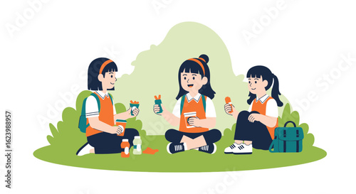 Group Of School Girls Having Lunch Together Outdoors During School Break