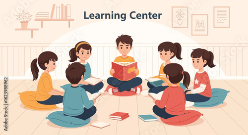 Group Of Kids Study Together In Circle At Learning Center Illustration