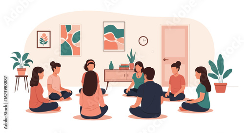 Group Therapy Session Illustration People Sitting in Circle Meeting Together