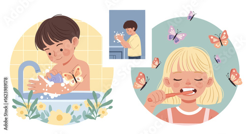 Kids Performing Hygiene Activities like Washing Hands and Brushing Teeth Daily