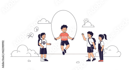 Kids Playing Together In The Schoolyard By Jumping Rope And Having Fun