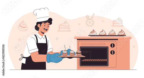 Happy Confectioner Taking Cupcakes From the Oven Illustration Concept