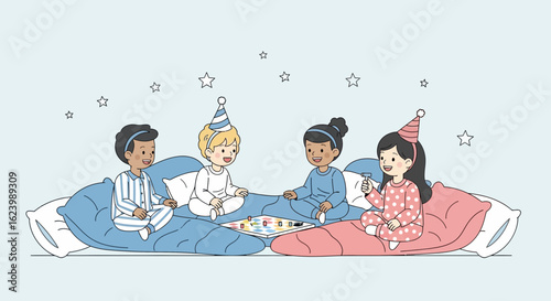 Happy Diverse Children Enjoying Sleepover Party Playing Board Game Illustration