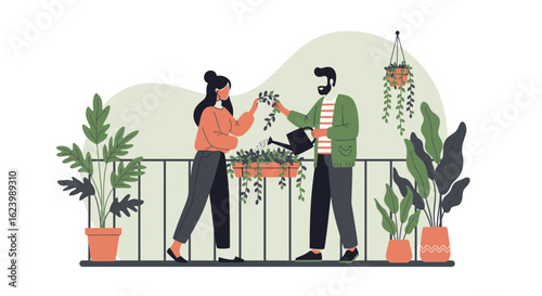 Happy Couple Gardening on Balcony Together in Summer with House Plants