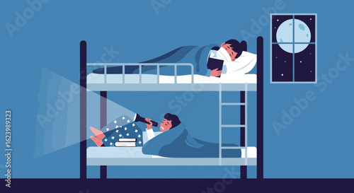 Late Night Learning On Bunk Bed With Disturbed Sleeping Roommate