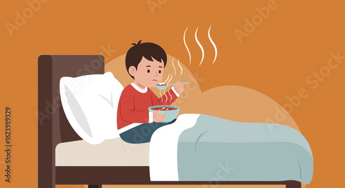 Little Boy Eating Warm Soup In Bed While Suffering From A Cold