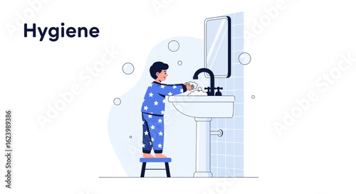 Little Boy Washing Hands In The Bathroom For Daily Hygiene Routine
