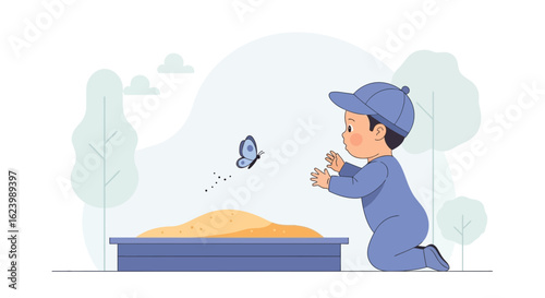 Little Child Is Intrigued By A Blue Butterfly Flitting Above Sandbox