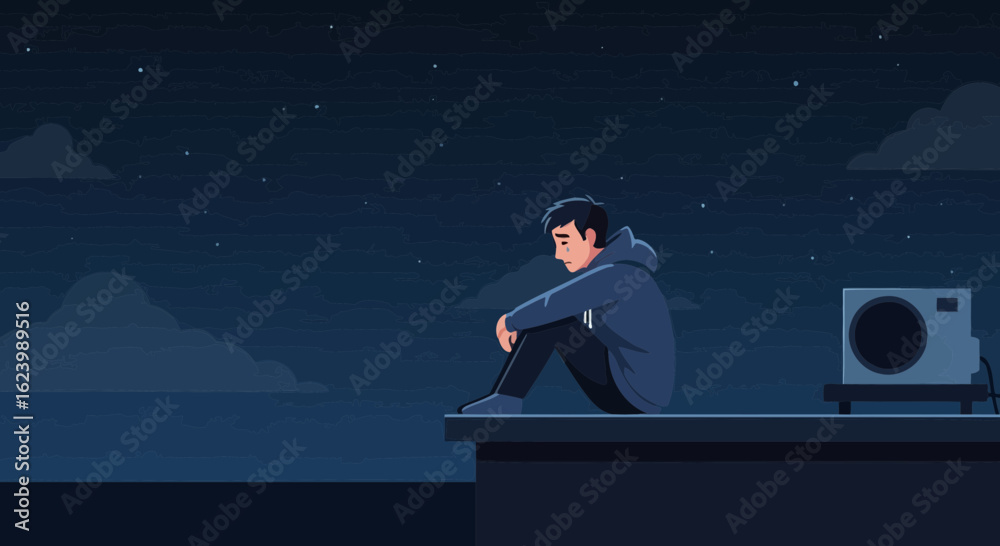 Fototapeta premium Lonely Young Man On A Rooftop At Night Under The Starry Sky