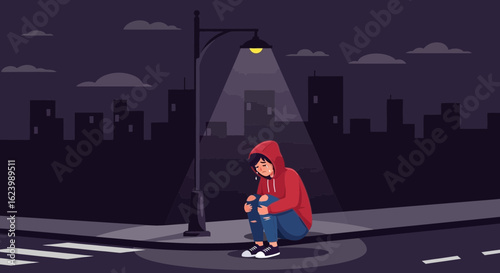 Lonely Teenager Sitting Under Lamppost In Cityscape Background At Night Time