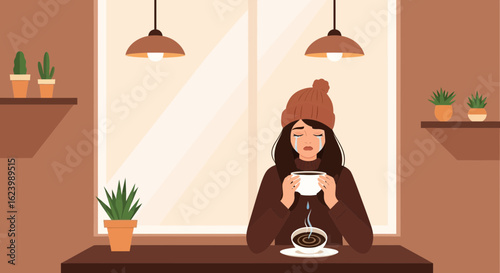Lonely Woman In Winter Hat Crying While Drinking Coffee Near Window