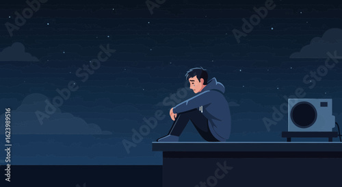 Lonely Young Man On A Rooftop At Night Under The Starry Sky