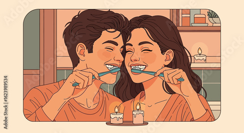 Lovely Couple Enjoying Toothbrushing Time Together In Romantic Bathroom Setting