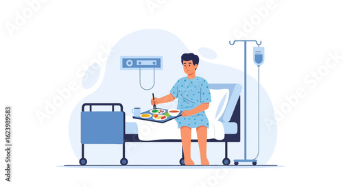 Male Patient Enjoying Meal In Bed At Hospital Recovery Concept