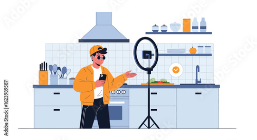 Male Vlogger Filming a Cooking Show With Smartphone in Kitchen