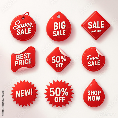 Boost sales with these vibrant red promotional sale stickers and badges, perfect for advertising discounts, special offers, and new arrivals in your online or physical store today
