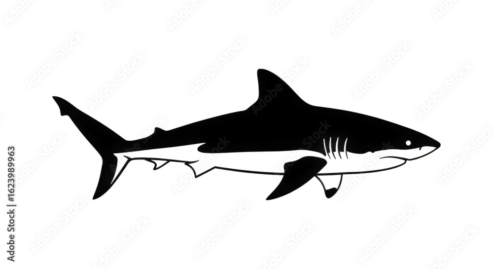 Fototapeta premium Majestic Silhouette of a Great White Shark Gliding Through Dark Ocean Waters