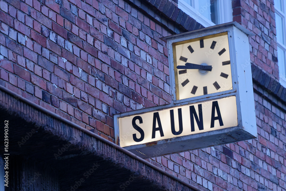 Obraz premium Red Brick Building with Clock and Sauna Sign