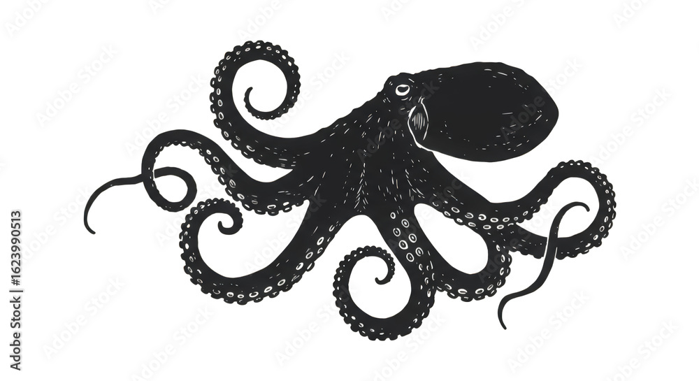 Obraz premium Majestic Dark Octopus with Sparkling Tentacles Dancing in the Deep Sea