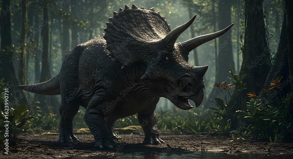 Fototapeta premium A triceratops standing in a forest with trees and foliage in the background on a cloudy day outdoors