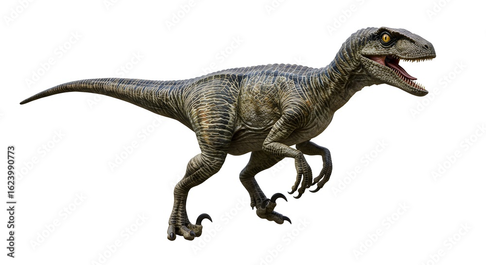 Naklejka premium A velociraptor with its mouth open and yellow eyes standing on a white background in a side view pose