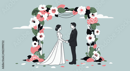 A bride and groom stand handinhand beneath a floral wedding arch