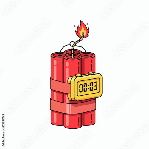 A cartoon bomb with red sticks a yellow timer displaying 0003 and a burning fuse on a white background