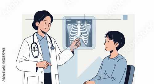 A doctor reviews a patients ribcage xray explaining the results in an office