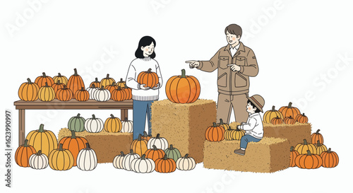 A family at a pumpkin patch with various pumpkins and hay bales