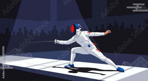 A fencer in a white uniform lunge in a spotlight on a white strip crowd in the background
