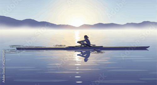 A lone rower is seen on still water silhouetted by a setting sun and distant mountains
