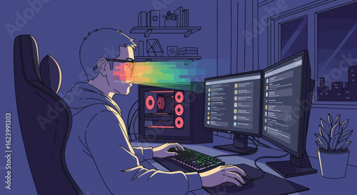 A person with rainbow light reflects off their face as they use a keyboard in front of two monitors