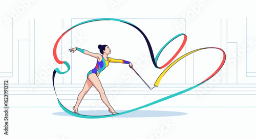 A rhythmic gymnast performs with a colorful ribbon in a minimalist setting