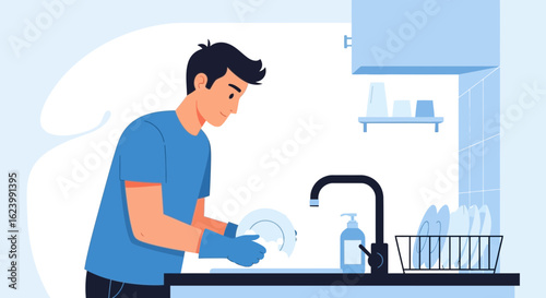 Man Doing Dishes At Home In The Kitchen Promoting Cleanliness And Responsibility