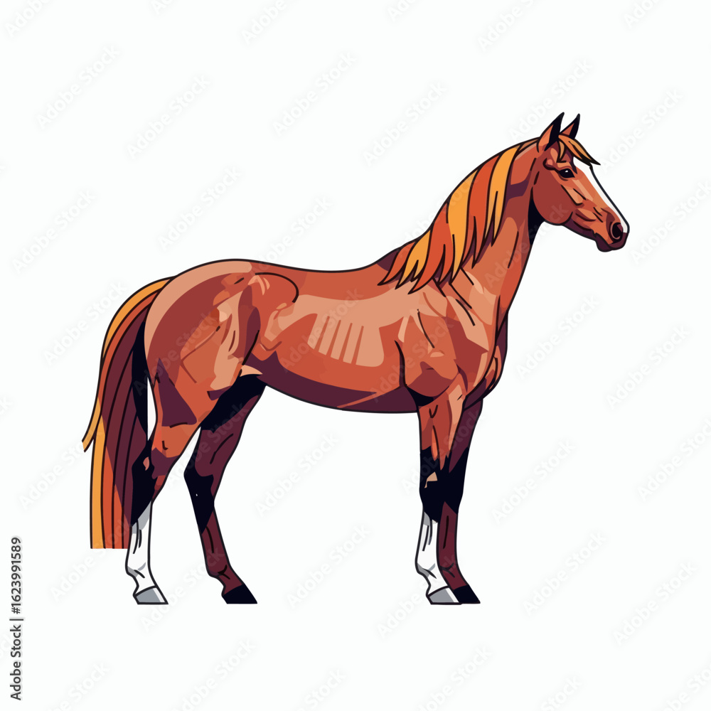 Fototapeta premium A stylized chestnut horse stands in profile defined by flat color blocks and dark outlines