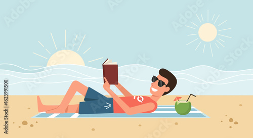 Man Enjoying A Relaxing Day At The Beach Reading And Drinking A Coconut