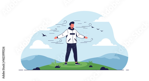 Man Enjoying Nature Breeze In Mountain Peak Scene Vector Illustration