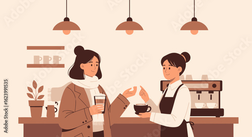 Ordering Coffee At Local Store In Fall Season With Minimalist Illustration