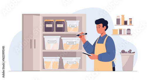 Organizer Man Checking Food Supply Inventory in The Kitchen Pantry