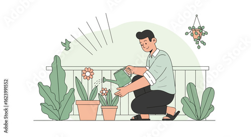 Man Enjoys His Hobby Watering Flowers In His Home Garden Balcony