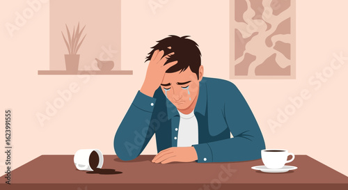 Man Experiencing Failure And Disappointment Spilling Coffee, Feels Sad And Hopeless