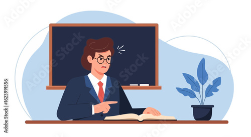 Outraged Professor Lectures Student In Front Of Blackboard During The Lesson