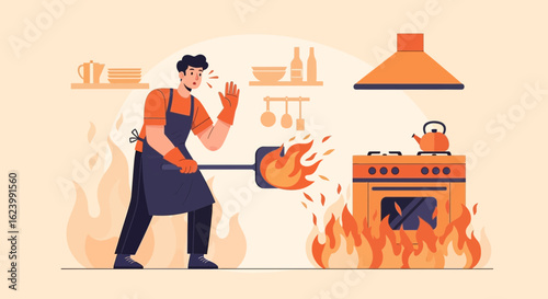 Man Experiencing Kitchen Mishap With Flames And Burning Food Vector Illustration