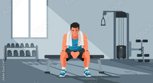 Overwhelmed Man Resting After Hard Workout at The Gym Feeling Emotions