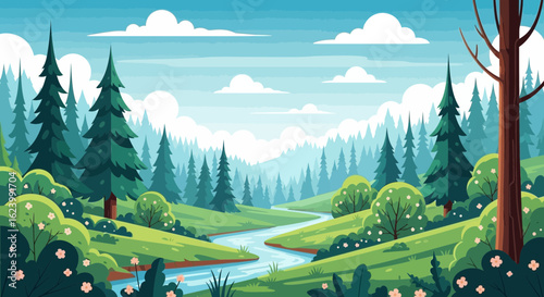 Peaceful Forest Stream Landscape With Evergreen Trees And Rolling Hills