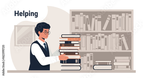 Man In Vest With Books Helping And Holding Stack In Front Of Bookshelf