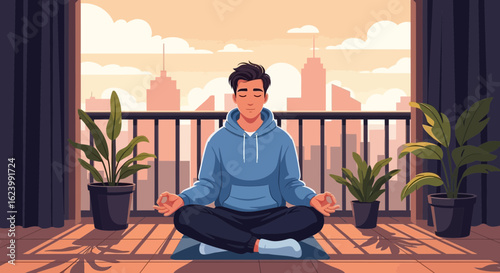 Peaceful Meditation On The Balcony In The City For Harmony And Serenity