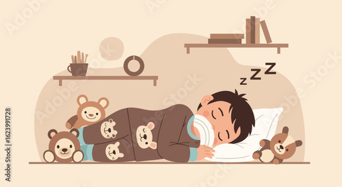 Peaceful Sleep Boy Surrounded By Teddy Bears In Brown Tones Illustration